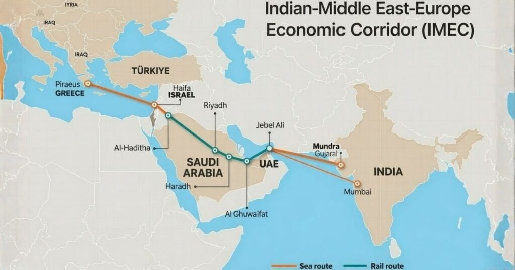 India UAE trade corridor map showing Jebel Ali and key trade routes